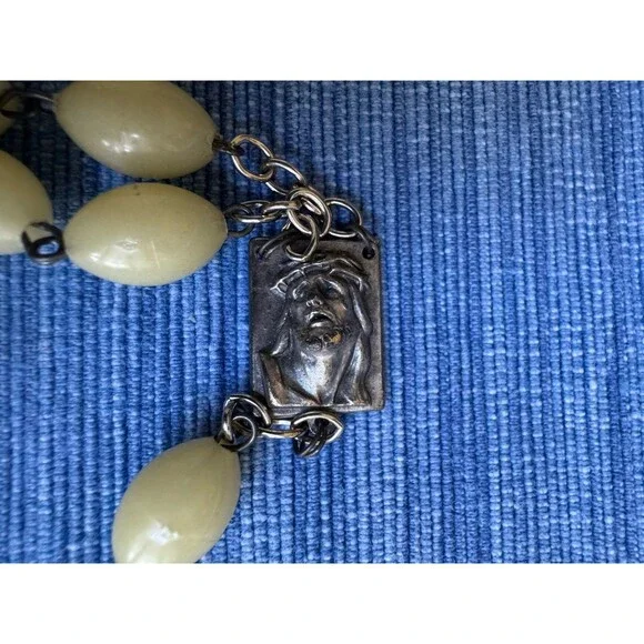 Vintage Italy Stamped Catholic Rosary Ivory Celluloid Oval Beads Madonna Center - Picture 5 of 8